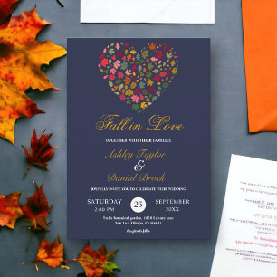 Elegant Fall Leaves Heart Navy Blue Floral Wedding Invitation
