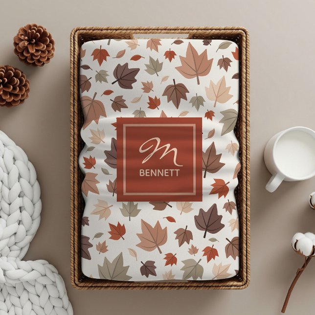 Elegant Fall Leaves Monogram Beige Sherpa Blanket (Creator Uploaded)