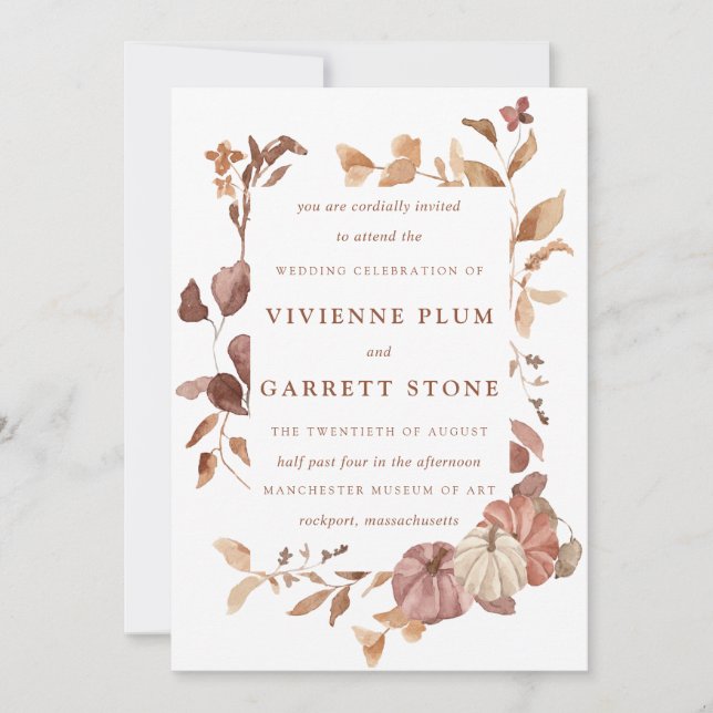 Elegant Fall Leaves Pumpkins Minimalist Wedding Invitation (Front)