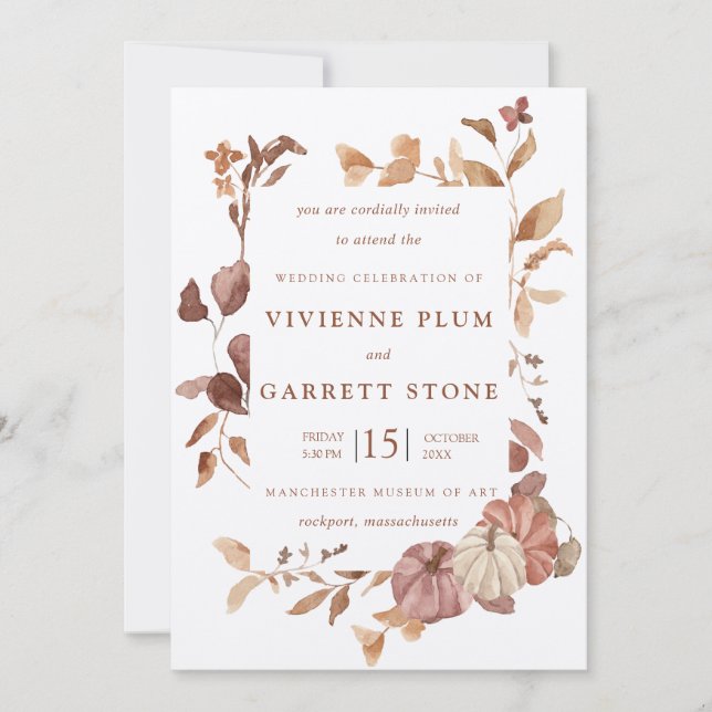 Elegant Fall Leaves Pumpkins Minimalist Wedding Invitation (Front)