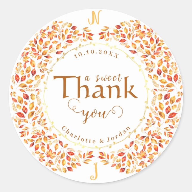 Elegant Fall Leaves Rustic Terracotta Wedding  Classic Round Sticker (Front)