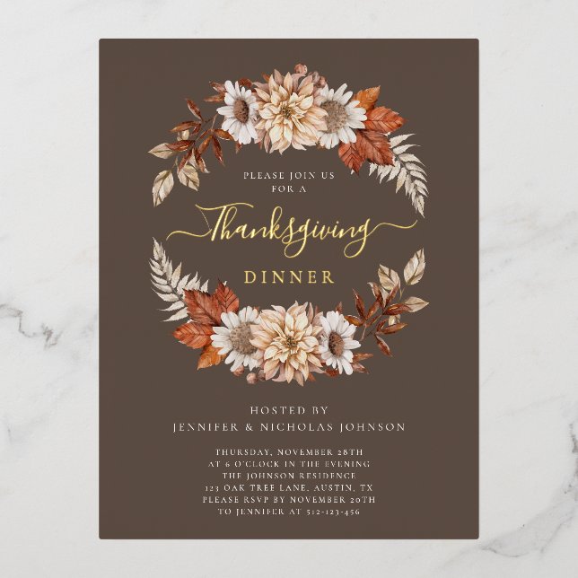 Elegant Fall Leaves Thanksgiving Dinner Gold Foil Invitation Postcard (Front)