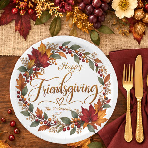 Elegant Fall Leaves Wreath Family Friendsgiving Paper Plate