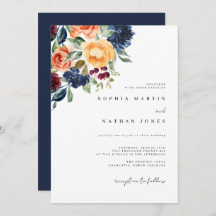 Elegant Fall Navy Watercolor Florals Wedding  Invitation