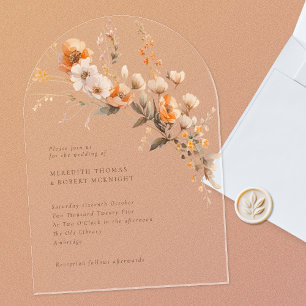 Elegant Fall Orange & Brown Wildflowers Wedding Acrylic Invitations