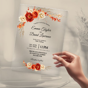 Elegant fall orange terracotta floral wedding  acrylic invitations