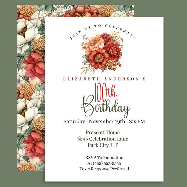 Elegant Fall Peony and Mum 100th Birthday Invitation (Creator Uploaded)