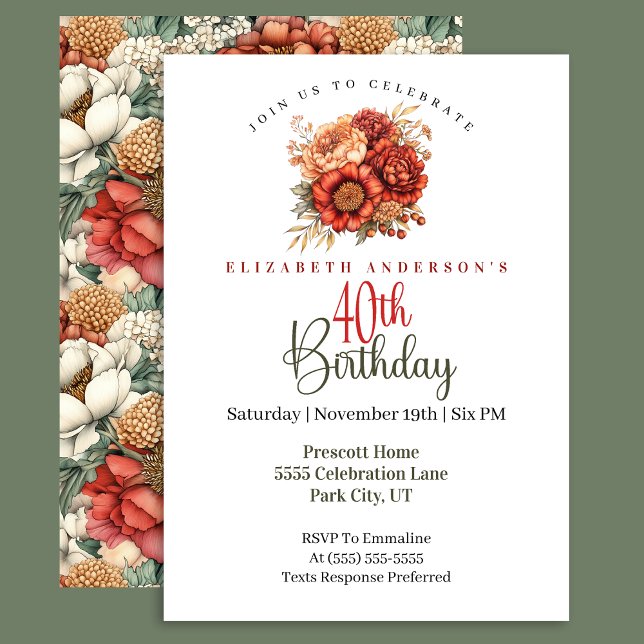Elegant Fall Peony and Mum 40th Birthday Invitation (Creator Uploaded)