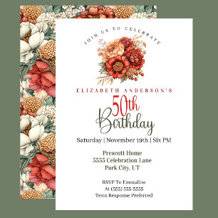Elegant Fall Peony and Mum 50th Birthday Invitation