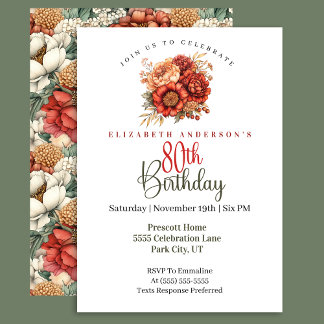 Elegant Fall Peony and Mum 80th Birthday Invitation