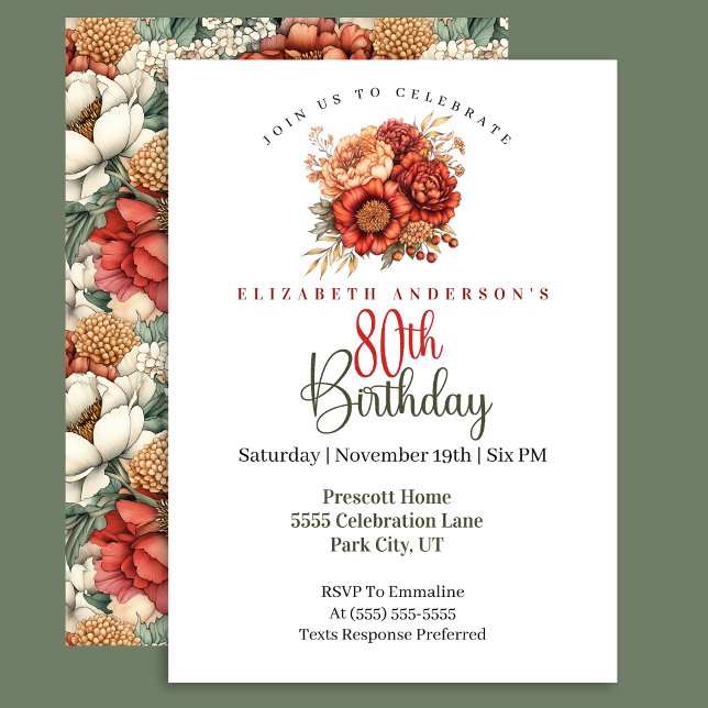 Elegant Fall Peony and Mum 80th Birthday Invitation (Creator Uploaded)