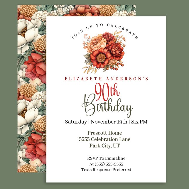 Elegant Fall Peony and Mum 90th Birthday Invitation (Creator Uploaded)