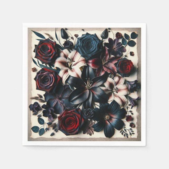 Elegant Fall Pressed Flowers Dark Wedding Napkin (Front)