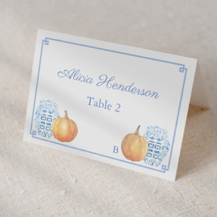 Elegant Fall Pumpkin Blue White Wedding Place Card