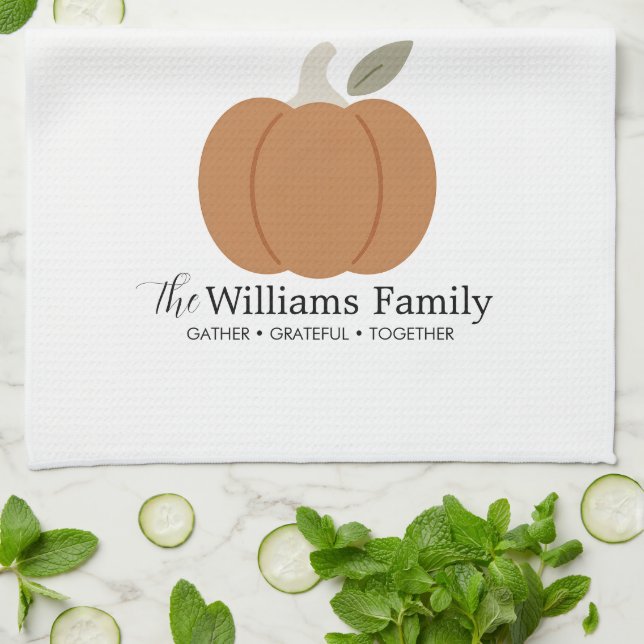 Elegant Fall Pumpkin Family Name Thanksgiving Tea Towel (Folded)
