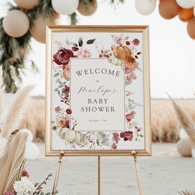 Elegant Fall Pumpkin Floral Baby Shower Welcome Poster (Creator Uploaded)