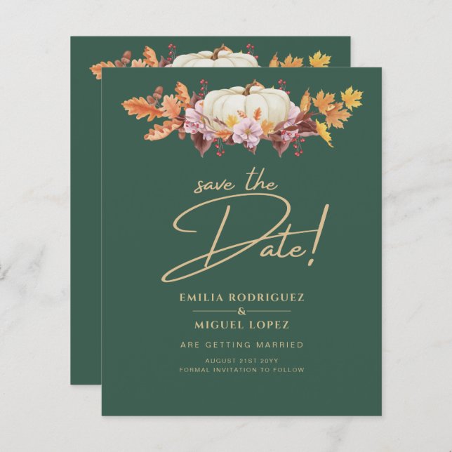 Elegant Fall Pumpkin Green Gold Wedding Save Date (Front/Back)