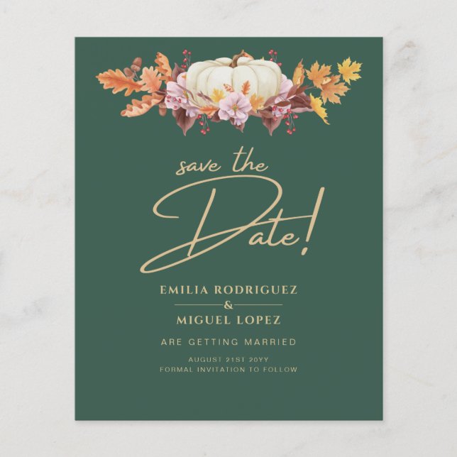Elegant Fall Pumpkin Green Gold Wedding Save Date Flyer (Front)