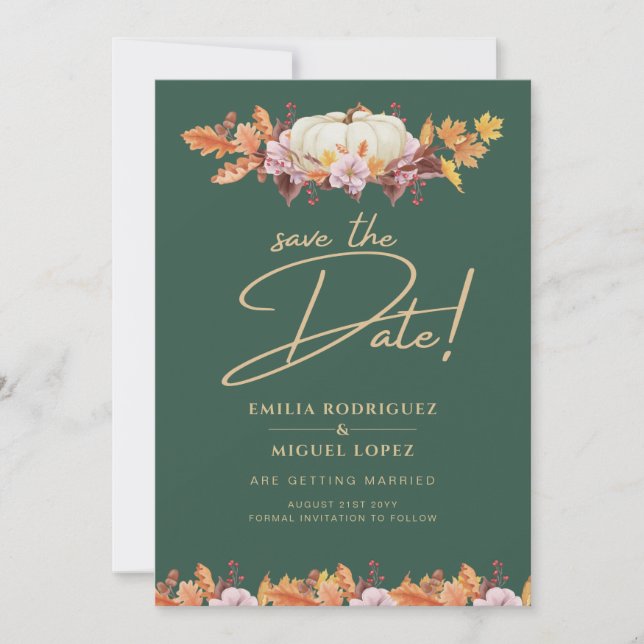Elegant Fall Pumpkin Green Gold Wedding Save Date Invitation (Front)