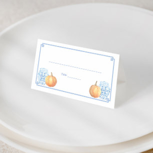 Elegant Fall Pumpkins Blue And White Wedding Lunch Place Card