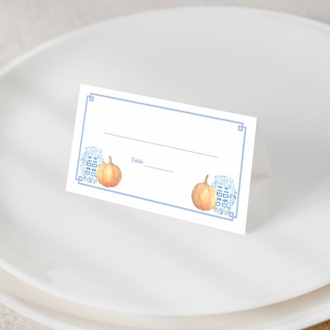 Elegant Fall Pumpkins Blue And White Wedding Lunch Place Card (Ginger jar place card with watercolor orange pumpkins and blue and white greek key print)