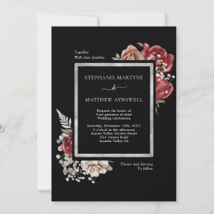 Elegant Fall Red Rose Botanical Wedding Black Invitation