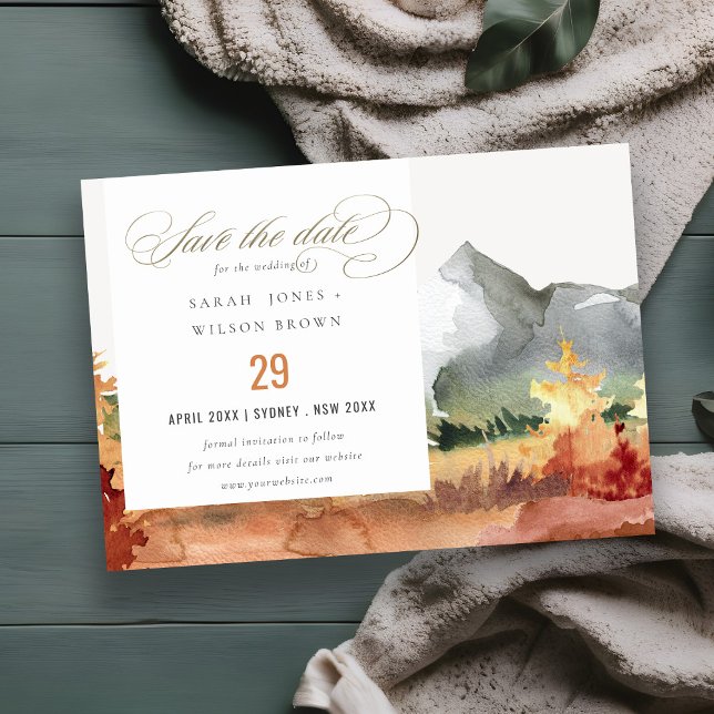 Elegant Fall Rust Orange Mountain Trees Wedding Save The Date (Creator Uploaded)