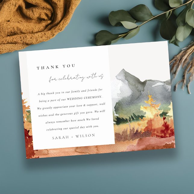 Elegant Fall Rust Orange Mountain Trees Wedding Thank You Card (Creator Uploaded)