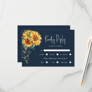 Elegant Fall Sunflower Floral & Navy Wedding RSVP Card