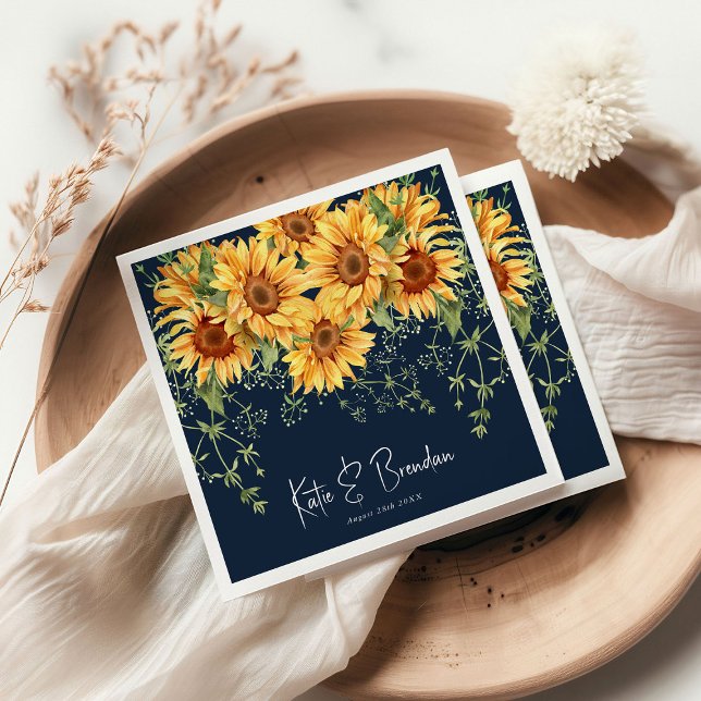 Elegant Fall Sunflower Florals & Navy Wedding Napkin (Creator Uploaded)