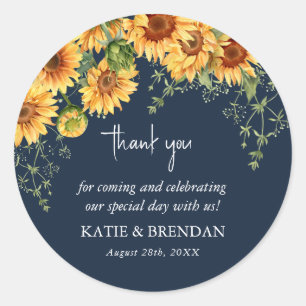 Elegant Fall Sunflower & Navy Wedding Thank You Classic Round Sticker