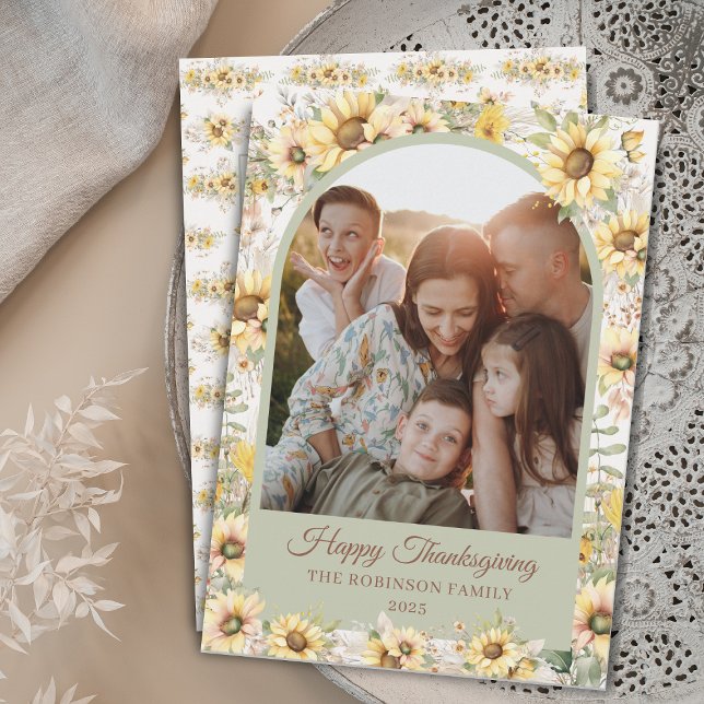 Elegant Fall Sunflowers Happy Thanksgiving Photo  Holiday Card (boho watercolor sunflowers floral happy thanksgiving card with arch family photo and message)