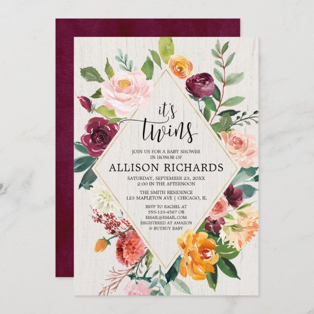 Elegant fall twins baby shower, gender neutral invitation (Front/Back)