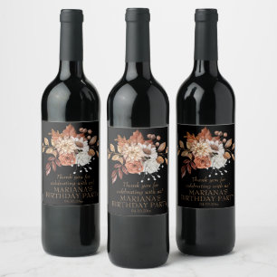 Elegant Fall Watercolor Floral on Black Wine Label