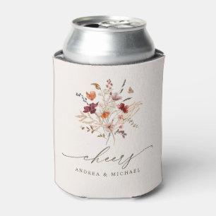 Elegant Fall Watercolor Wildflower Cheers Wedding Can Cooler