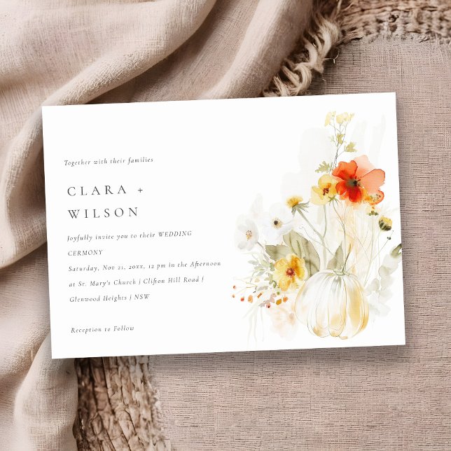 Elegant Fall Wildflower Pumpkin Watercolor Wedding Invitation (Creator Uploaded)