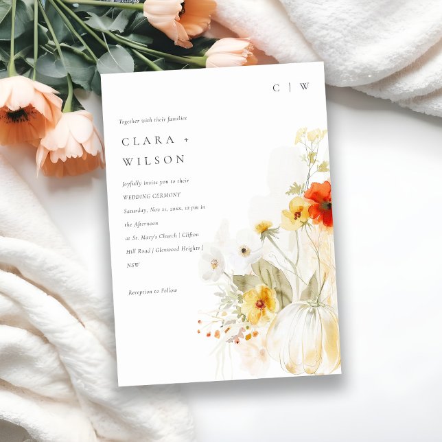 Elegant Fall Wildflower Pumpkin Watercolor Wedding Invitation (Creator Uploaded)