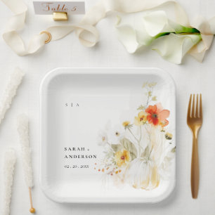Elegant Fall Wildflower Pumpkin Watercolor Wedding Paper Plate