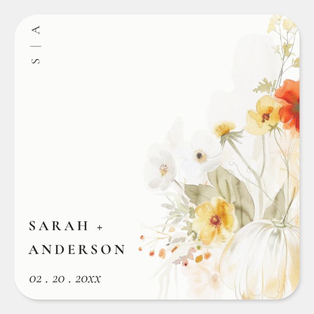 Elegant Fall Wildflower Pumpkin Watercolor Wedding Square Sticker (Front)