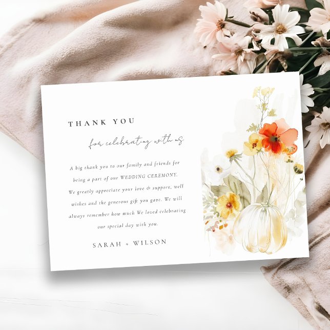 Elegant Fall Wildflower Pumpkin Watercolor Wedding Thank You Card (Creator Uploaded)