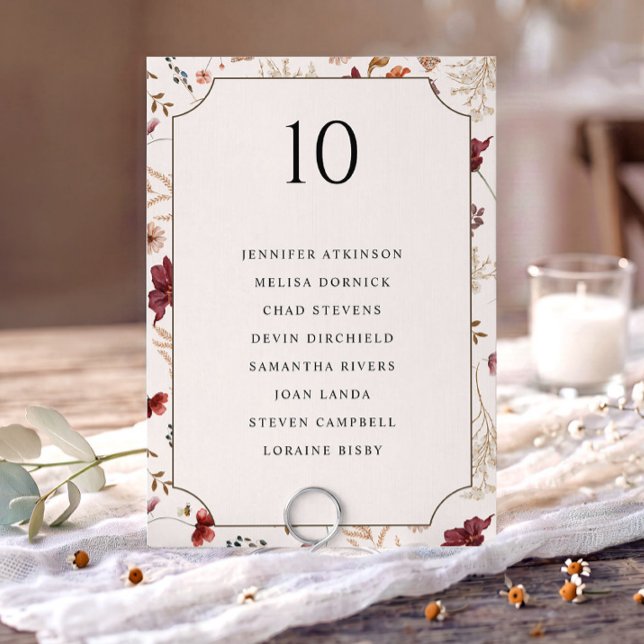 Elegant Fall Wildflower Wedding Seating Chart Card (Fall wedding seating chart card with table number, guest names and watercolor wildflower border)