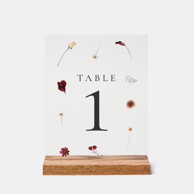 Elegant Fall Wildflower Wedding Table Number Acrylic Sign (Front)