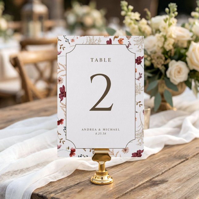 Elegant Fall Wildflower Wedding Table Numbers (Fall wedding table number with elegant frame and burgundy watercolor wildflower border)