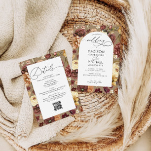 Elegant Fall Wildflowers Floral QR Code Wedding  Invitation