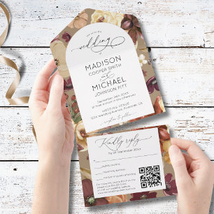 Elegant Fall Wildflowers Floral QR Photo Wedding All In One Invitation