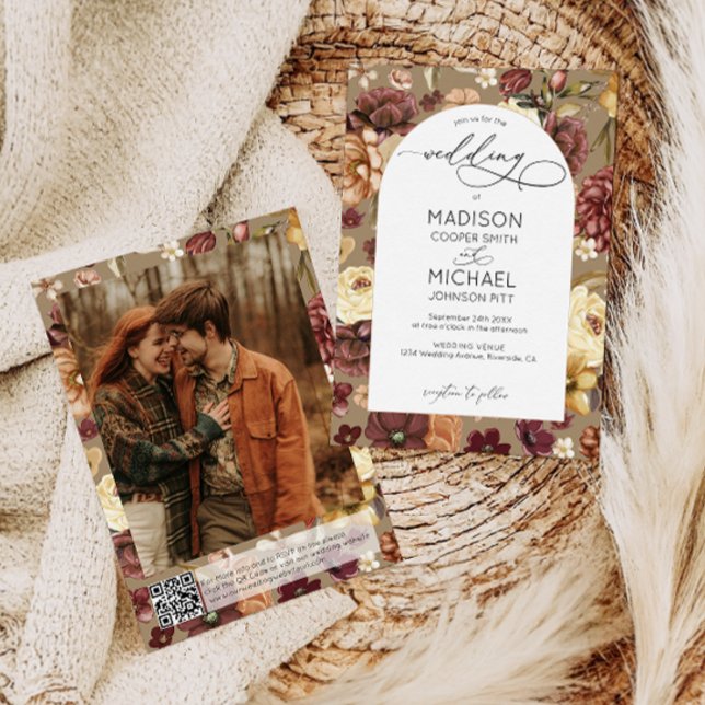 Elegant Fall Wildflowers QR Code Photo Wedding  Invitation (Creator Uploaded)