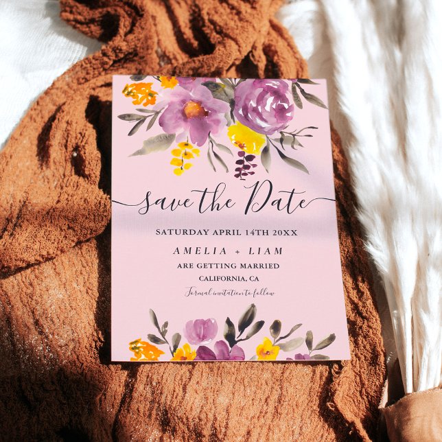 Elegant fall winter purple floral save the date (Elegant fall winter purple floral save the date on pink)