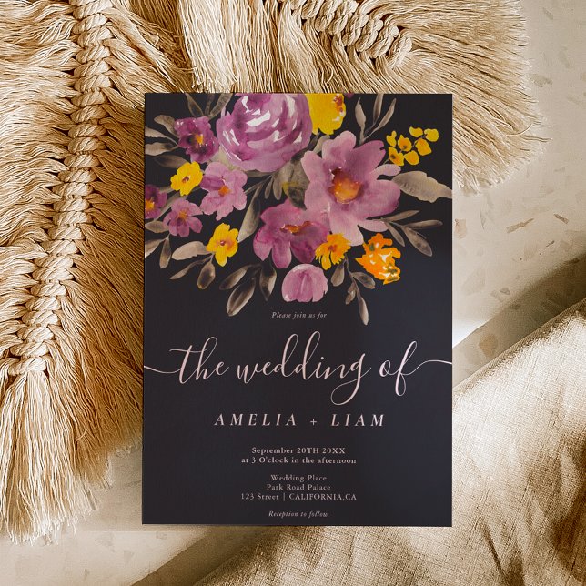 Elegant fall winter purple floral script wedding invitation (Elegant fall winter purple floral script wedding invitation)