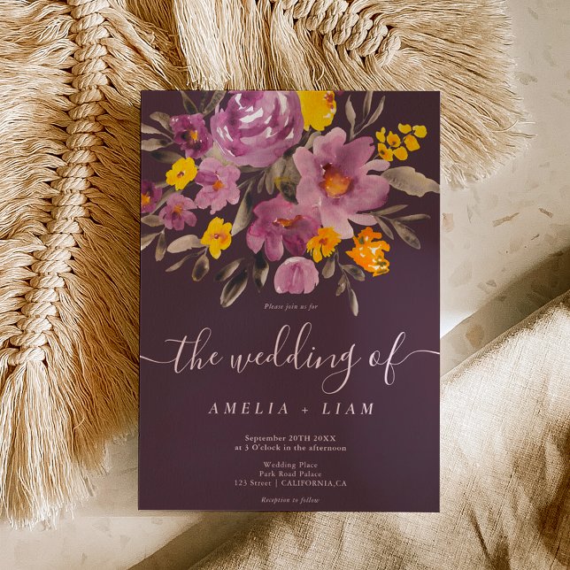 Elegant fall winter purple floral script wedding invitation (Elegant fall winter purple floral script wedding invitation on purple)