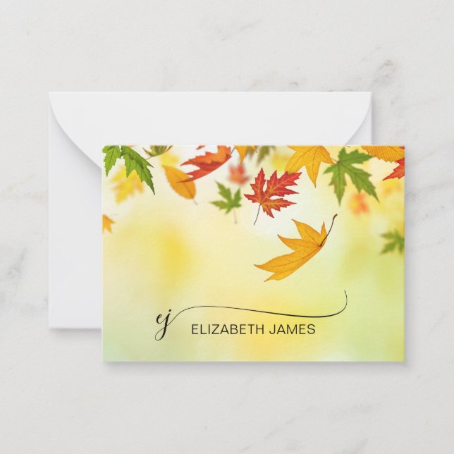 Elegant Falling Autumn Leaves Script Monogram  Card (Front)